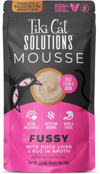 Tiki Cat Solutions Fussy Mousse, Duck Liver & Egg, Specially Formulated to Support Healthy Digestion, Functional Wet Cat for Adult Cats, 2.4 oz. Pouch (12 Count)