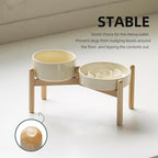 Ceramic Raised Slow Feeder Dog Bowl Set, Elevated 6.1inch Bowl and 7.3inch Puzzle Slow Food Dish with Wooden Stand for Small and Medium Dog, Anti-Gulping (2X Beige+ Stand)