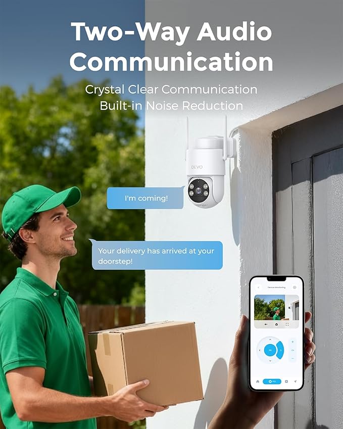 Devo Solar Security Camera Wireless Outdoor 360° PTZ - 2.3K Color Night Vision with AI Human Detection, WiFi 6 Pan/Tilt IP66 Waterproof, 180-Day Battery & Solar Panel, 2-Way Audio, Triple Alert System