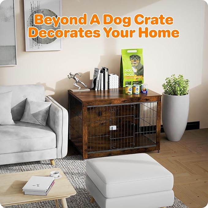 Dog Crate Furniture, Wooden Dog Crate 33in, Decorative Cage with End Table for Dog Indoor Kennel, High Anxiety Dog, Escape-Proof Locks for All Breeds