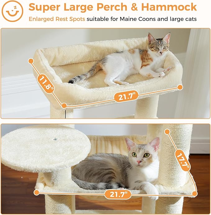PETEPELA Cat Tree for Large Cats up to 30 lbs, 58" Heavy Duty Cat Tower with Reinforced Scratching Posts[ φ3.1”], Large Hammock, Spacious Condo & Top Perch, Sturdy Cat Furniture for Maine Coons, Beige