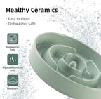 Ceramic Raised Slow Feeder Dog Bowl Set, Elevated 8.2inch Bowl and 9.5inch Puzzle Slow Food Dish with Wooden Stand for Large Dog, Anti-Gulping (2X Light Green+ Stand)