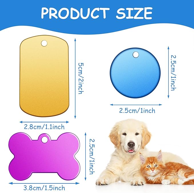 Frienda 60 Pieces Colorful Blank Dog Tags Hand Personalized Blank ID Tags Aluminum Round Dog Bone Shape Pet ID Stamping Discs with Hole for Cats Pets Name Craft