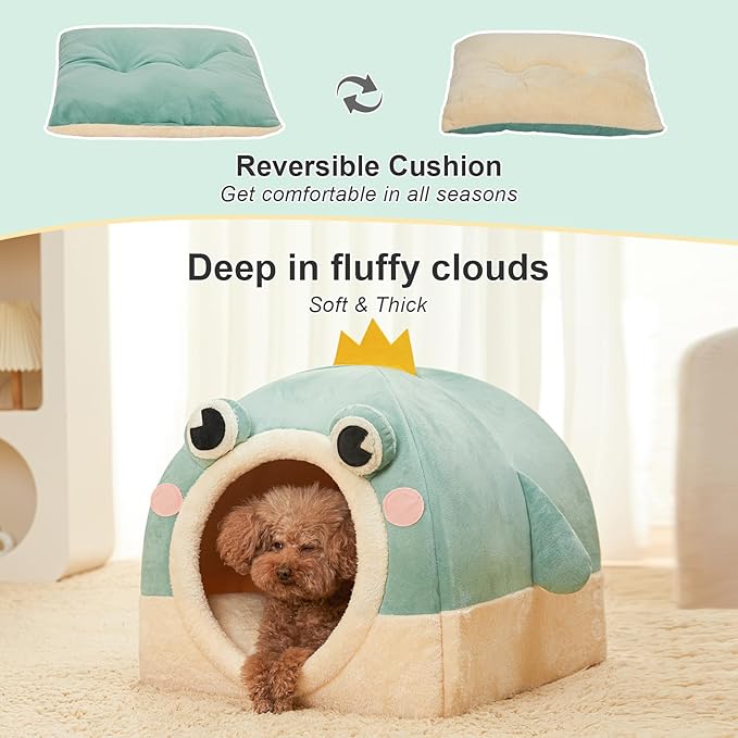 Jiupety Cat Beds for Indoor Cats, Cute Cat House for Cats and Puppy, Cute Cat Cave Bed with Removable Cushion, Large Cat Bed Cat Hideaway, 2-in-1 Cat Tent, L(19" × 19" × 19"), Green.