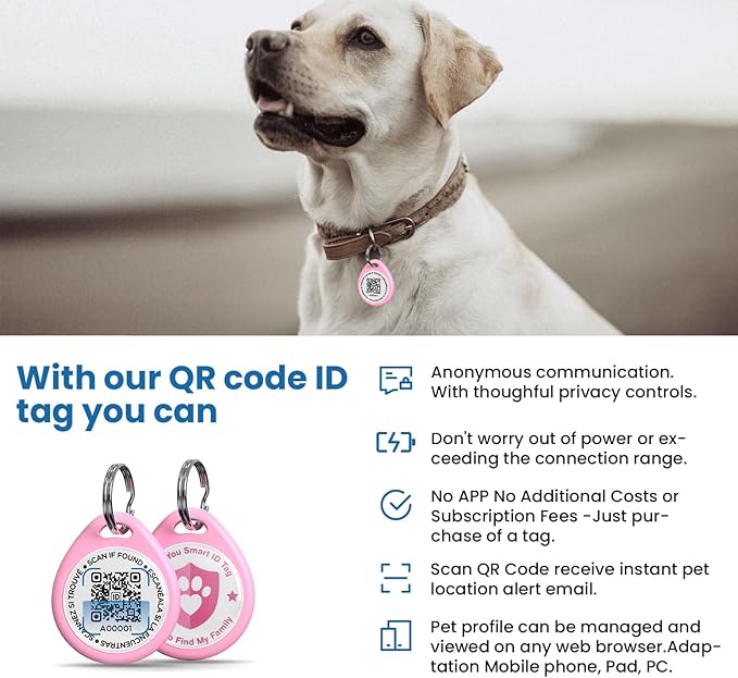 Dog Tags Personalized, QR Code Pet ID Tags for Dog Collar, Online Profile, Scan Location Alerts, Pink