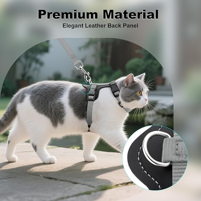 Plutus Pet Adjustable Cat Harness and Leash Set, Quick Release, Escape Proof Nylon Vest with Leather Trim for Kitten, Small Medium Large Cats, Gray