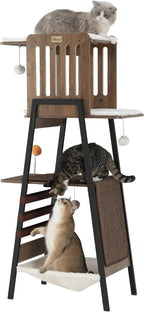 FourFurPets Modern Cat Tree, 58-Inch Cat Tower for Large Cats, Maine Coon Cat Tree with Scratching Board, Large Perch, Hammock and Removable Pads, Greige