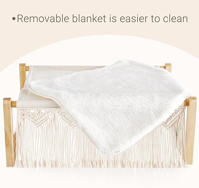 Dahey Boho Cat Bed with Blanket Wooden Cat Hammock Bed for Indoor, Macrame Elevated Pet Beds Breathable Cat Couch Furniture Pet Resting Hammock Cat Chair Gift for Cats and Small Dogs