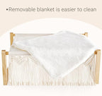 Dahey Boho Cat Bed with Blanket Wooden Cat Hammock Bed for Indoor, Macrame Elevated Pet Beds Breathable Cat Couch Furniture Pet Resting Hammock Cat Chair Gift for Cats and Small Dogs
