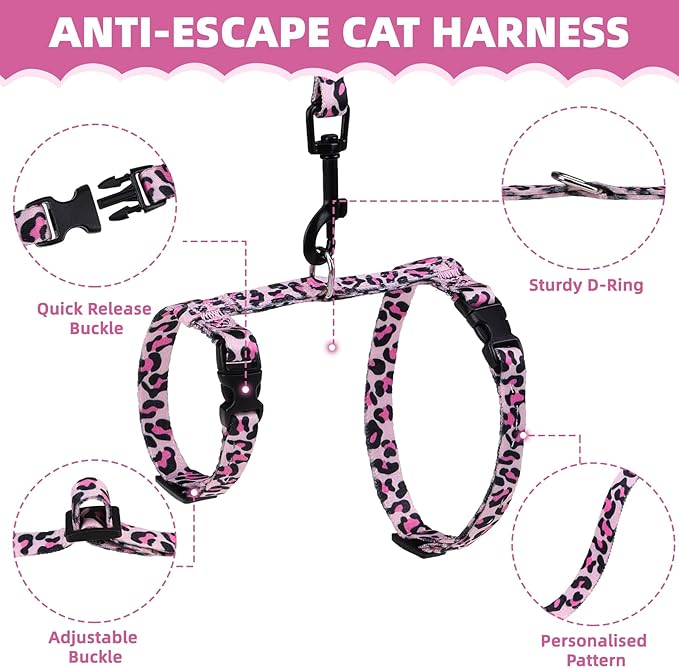 PAWCHIE Cat Harness and Leash Set, Cats Escape Proof-Adjustable Kitten Harness Lightweight Soft Outdoor Walking Travel Pet Safe Harness, Puppy Harness for Girl Cats Bunny Rabbit Small Dog, Pink M