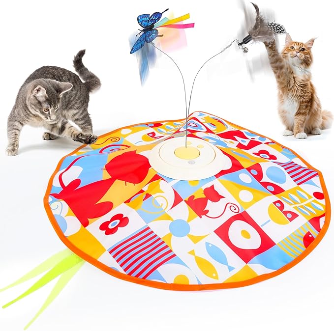 Wn's Day Rechargeable Cat Toys,Hide and Seek Game Interactive Cat Toys for Indoor Cats,Moving Wand Feather Cat Stimulation Toys,Touch Activated Cat Enrichment Toys for Bored Indoor Adult Cats(Yellow)