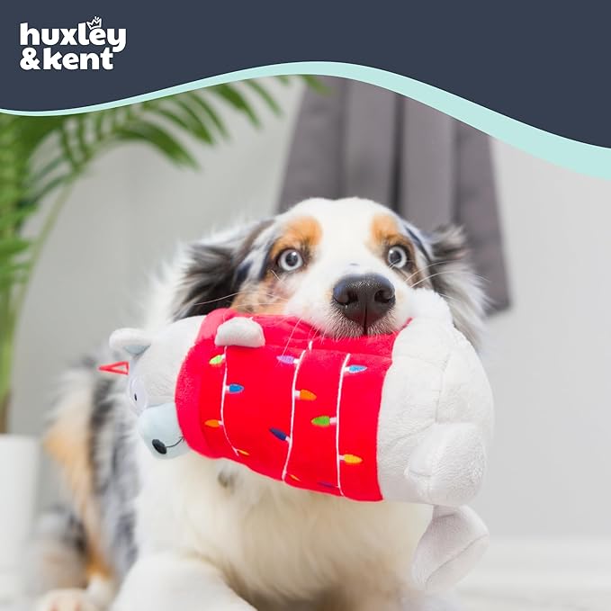 Huxley & Kent Funny Dog Toy w/Squeaker – Holiday Power Plush Squeaky Dog Toys for Small, Medium & Large Dogs – Soft Stuffed Animal for Indoor Play & Fetch - Deck The Bear, Small