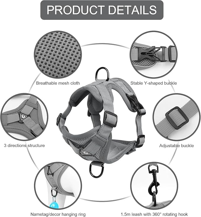 Cat Harness and Leash Set, Upgraded Escape Proof Adjustable Vest with Lead for Large Cat Small Dog Puppy Outdoor Walking, Soft Breathable Mesh Jacket with Reflective Strips for Dark Night, L Gray