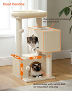 32" Cat Tree Tower for Indoor Cats - 2 Cozy Condos, Multi-Level Cat Scratching Posts with Sisal, Soft Padded Perch, 2 Dangling Toys, Beige