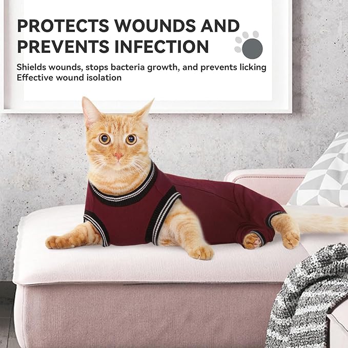 T'CHAQUE Cat Clothes Surgery Recovery Suit for Female Male, Cat Onesie Pet Surgical Pajamas Long Sleeve, Abdominal Wound Healing, E-Collar Alternative, Spay/Neuter Recovery Garment-Burgundy-M