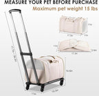 Leather Pet Carrier with Wheels, Airline Approved Travel Bag for Small Dogs & Cats Under 15 lbs, Rolling Pet Carrier for Airplane, Camping & Outdoor White