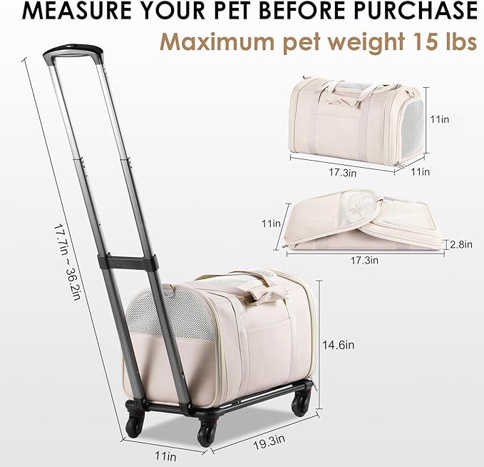 Leather Pet Carrier with Wheels, Airline Approved Travel Bag for Small Dogs & Cats Under 15 lbs, Rolling Pet Carrier for Airplane, Camping & Outdoor White