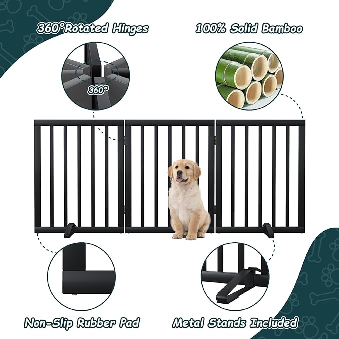 Semiocthome Bamboo Freestanding Dog Gates for Doorways,3-Panel Indoor Puppy Gates for the House with 2 Metal Stands,24"H Folding Pet Gate for Stairs Expands Up to 55"W Fully Assembled Stair Gate Black