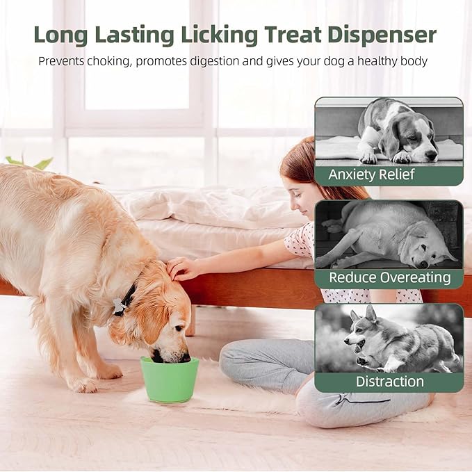 Dog Slow Feeder Lick Bowl, Non-Slip Dog Licking Treat Dispenser, Slow Feeder Bowls for Small Medium Large Breed Dogs, Anxiety Relief & Anti-Choking, BPA Free Silicone (Green, 1.6 Cup)