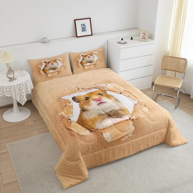 Erosebridal Hamster Comforter Set Queen Size Brown Mouse Bedding Set 3D Cute Animal Down Comforter Kawaii Pet Bedroom Decor Warm Soft Quilt Set for Kids Boys Girls Teens