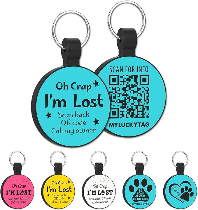 MYLUCKYTAG QR Code Pet ID Cat/Dog Tag - Quiet Engraved Silicone, Online Profile, Location Alert Email - Durable Digital Pet Tag for Dog Collar