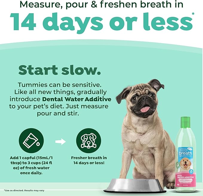 TropiClean Fresh Breath Water Additive for Puppies, Teeth Cleaning and Breath Freshener Solution, No Toothpaste or Toothbrush Required, 16oz.
