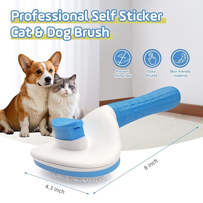 Self Cleaning Cat Brush,Slicker Dog Brush for Shedding,Skin Friendly Cat Brushes for Indoor Cats Massage Grooming,Dog Deshedding Brush for Long&Short Haired Dogs Loose Fur Hair Removal Blue
