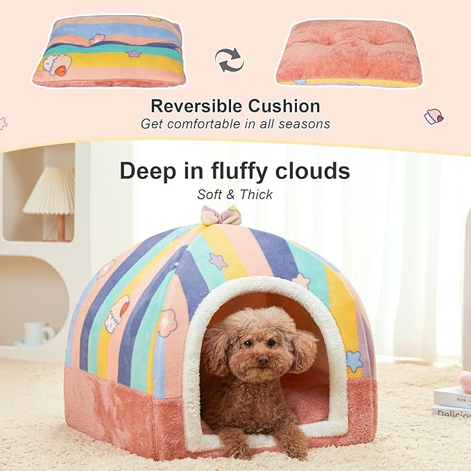 Jiupety Cat Beds for Indoor Cats, Cute Cat House for Cats and Puppy, Cat Cave Bed with Removable Cushion, Large Cat Bed Cat Hideaway Cat Tent, 2-in-1 Pink Cat Bed, L(19" × 19" × 19"), Rainbow.