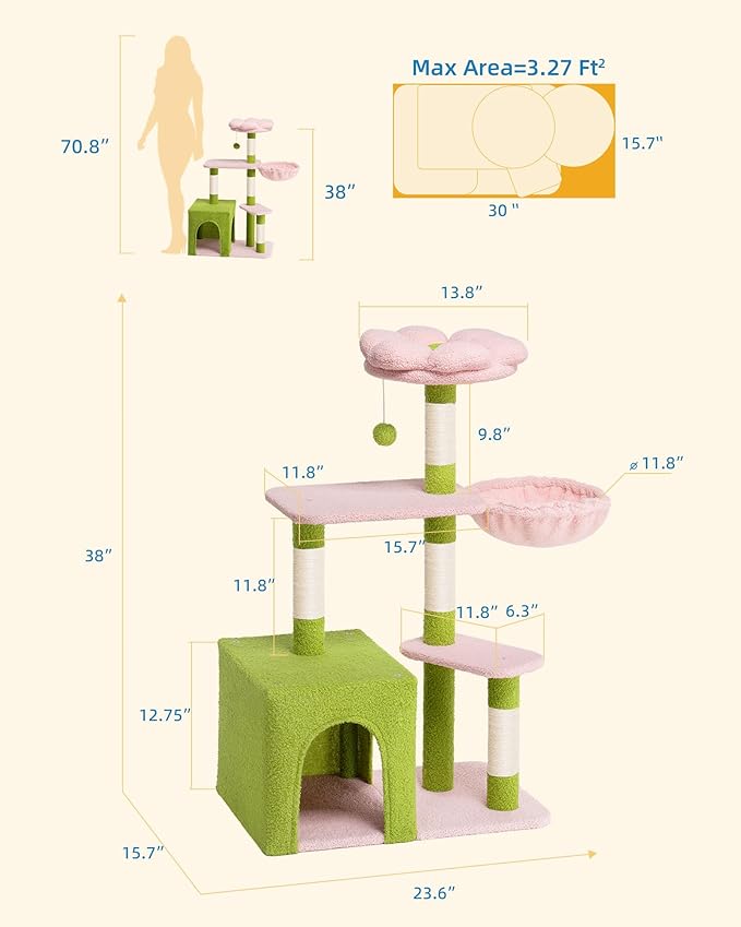 Flower Cat Tree Tower for Large Cats, 41.2'' Cute Cat House with 4 Scratching Posts, 2-Door Condo Cave for Adult Cats, Cozy Perch and Hammock for Small Cats or Pets, Green Pink