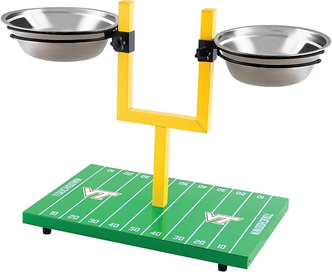 NCAA Virginia Tech Hokies Goalpost Football Field Dog Feeder – Adjustable Elevated Dog Bowls with Stand, 2 Stainless Steel Bowls, Non-Slip Rubber Feet, Raised Pet Feeder for Large & Small Dogs