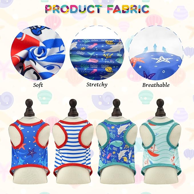 4-Pack Dog Ocean Style Shirts Puppy Summer Tank Tops Cute Ocean Animals Sailboat Pattern Outfits for for Small Dogs Boy Girl Dog Cooling Clothes for Small Medium Dogs XS