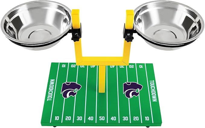 NCAA Kansas State Wildcats Goalpost Football Field Dog Feeder – Adjustable Elevated Dog Bowls with Stand, 2 Stainless Steel Bowls, Non-Slip Rubber Feet, Raised Pet Feeder for Large & Small Dogs