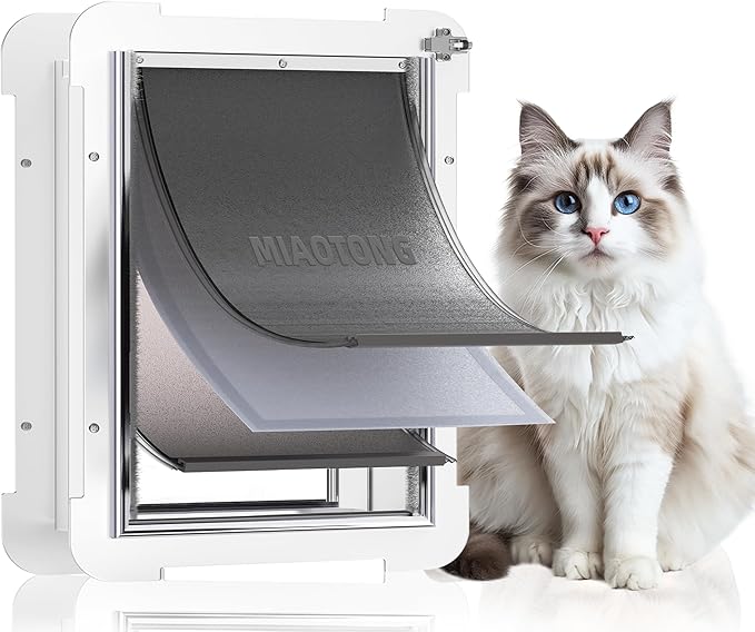 3-Flaps Steel Cat Door for Exterior Doors with Sliding Lock Panel, Extreme Weather Pet Door for Cats, Small Kitty Doggie Door, Insulated Dog Doors for Door, Telescoping Tunnel (Pets Up to 12 Lb)