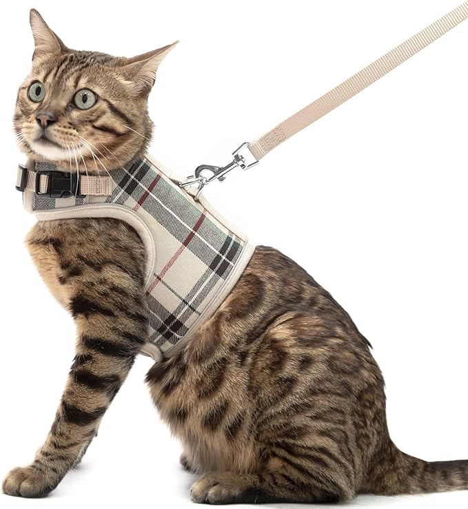 PUPTECK Soft Mesh Cat Vest Harness and Leash Set Puppy Padded Pet Harnesses Escape Proof for Cats Small Dogs Rabbits Bunny, Plaid Beige, L