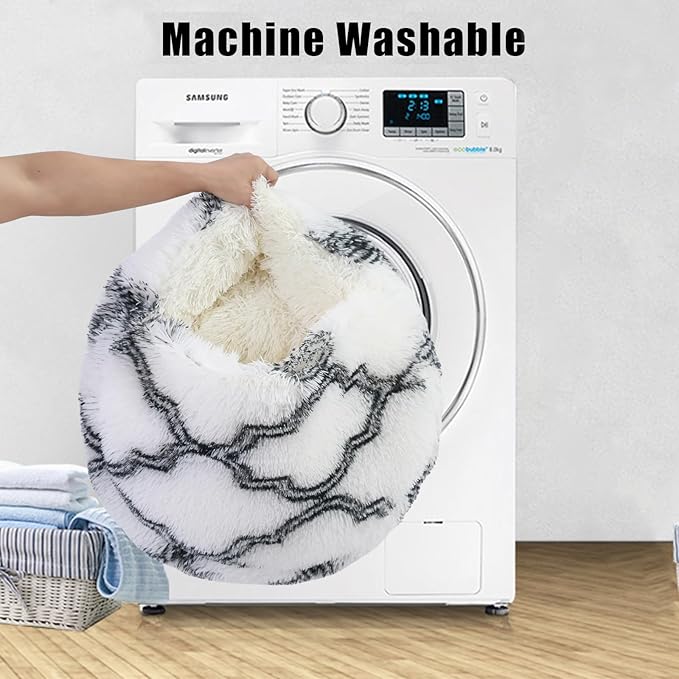 Round Hooded Cat Bed & Dog Bed with Cover Cave, Dog Bed for Small Dogs, Faux Fur Cuddler Round Coved Cat Bed Self Warming Donut Dog Bed Fits up to 12 lbs Pets (Grey White, 20inch x 20inch)