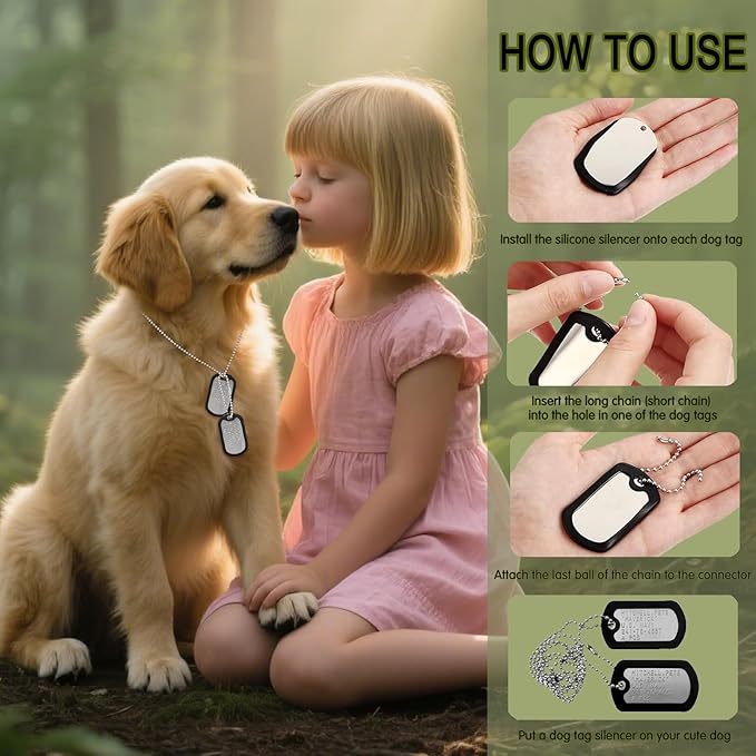 Stainless Steel Military Dog Tags, Complete Steel Ball Chain and Black Tag Silencers - Suitable for Large and Small Dogs Dog Tag Halloween Costume Prop