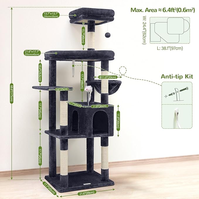 Globlazer Sturdy Cat Tree, 68-inch Large Cat Tower for Indoor Adult Cats 20 lbs Heavy Duty Cat Tree for Big Cats with Extra Large Platform, 5 Scratching Post, S68, Dark Grey