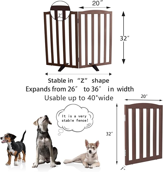 ZJSF Foldable Freestanding Indoor Dog Gate for House Wood Long Pet Gates Dog Fence for Stairs Puppy Gates for Hallways, Puppy Gate,Support Feet Included, Brown, 32 "Height-2 Panels