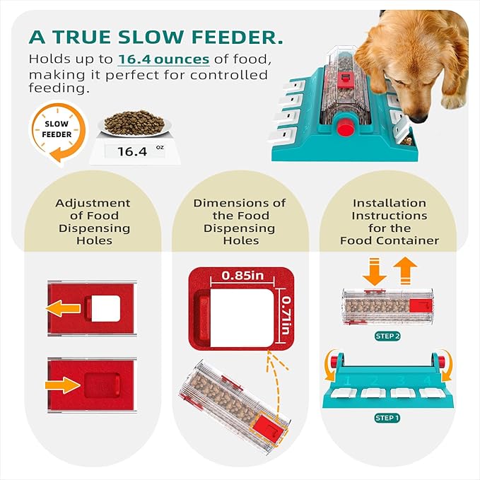 KADTC Paw-Activated Rolling Puzzle Game Toy Level 2 in 1 Treat Toys Capacity 16.4oz Slow Feeder Adjustable Interactive Food Dispenser for Medium/Large Dogs Brain Mental Stimulation and Healthy Eating