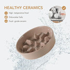 Ceramic 7.3 inch Dog Bowl Slow Feeder, Slow Pet Food Dish for Medium and Small Dog, Stop Bloat, Preventing Choking(Single Bowl, Brown Coffee)