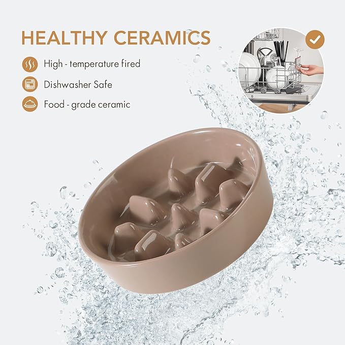7.3inch Ceramic Dog Raised Slow Feeder Set, Elevated Bowl with Wooden Stand for Medium and Small Dog, Slow Feeder Dish for Fast Easters(Brown Coffee, Single Bowl+ Stand)