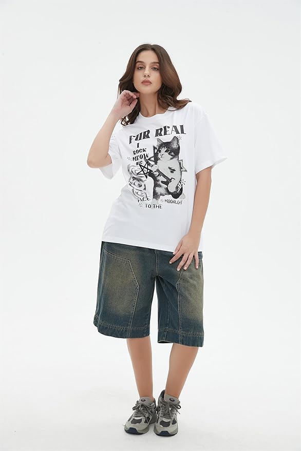Y2k Graphic Unisex Tees Rock Guitar Cat T-Shirt Short Sleeve Oversized Tee Vintage Retro Grunge Streetwear Shirts