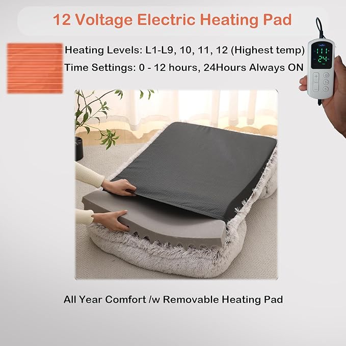 Heated Cat Bed Indoor w/ 12V Electric Heating Pad, Thermal Warming Heated Pet Bed with Adjustable Temperature & Timer