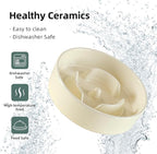 6.1inch Ceramic Raised Dog Slow Feeder Set, Elevated Bowl with Wooden Stand for Small Dog and Cat, Puzzle Slow Dog Food Dish, Anti-Gulping(Beige, Single Bowl+ Stand)