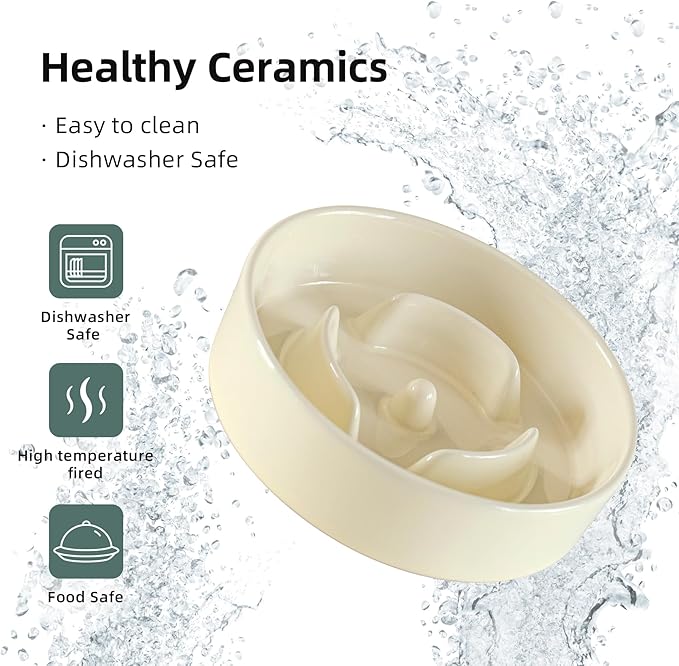 Ceramic Raised Slow Feeder Dog Bowl Set, Elevated 5.1inch Water Bowl and 6.1inch Puzzle Slow Pet Food Dish with Wooden Stand for Small Dog and Cat, Anti-Gulping (2X Beige+ Stand)