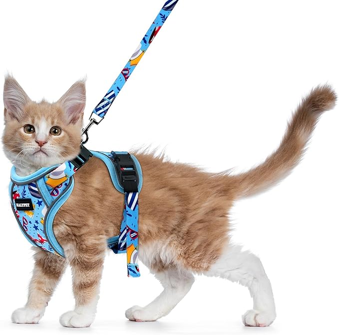 Halypet Cat Harness and Leash Set for Walking, Escape Proof Adjustable Vest Harness with 3-in-1 Integrated Buckles, Easy Control Soft Breathable Mesh with Reflective Strips for Cats, S, Azure Blue