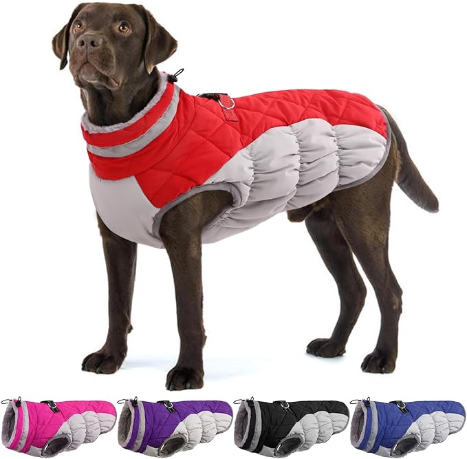 Dog Coats for Large Dogs,XL Dog Coat,Warm Fleece Winter Coat with D-Ring,Back Zipper Pet Jacket for Large Dogs,Waterproof Pet Snow Jacket Clothes Snowsuit Beagle Corgi Border Collie,Red,XL