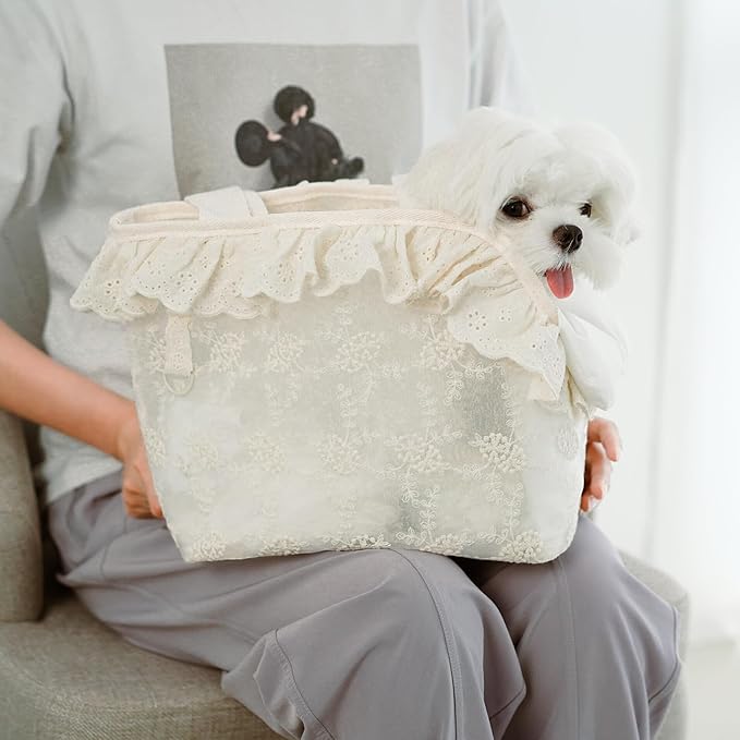 Dog Carrier for Small Dogs Rabbit cat with Lace Design, Cotton Bag, Dog Carrier Soft Sided, Collapsible Travel Puppy Carrier (Beige, 13" L x 6.7" W x 10.6" H)