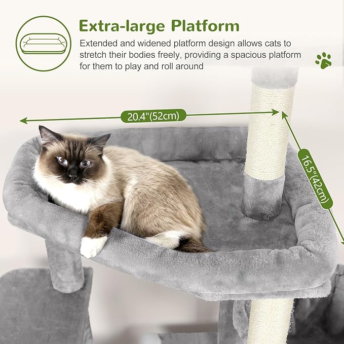 Globlazer Sturdy Cat Tree, 68-inch Large Cat Tower for Indoor Adult Cats 20 lbs Heavy Duty Cat Tree for Big Cats with Extra Large Platform, 5 Scratching Post, S68, Cloud Grey