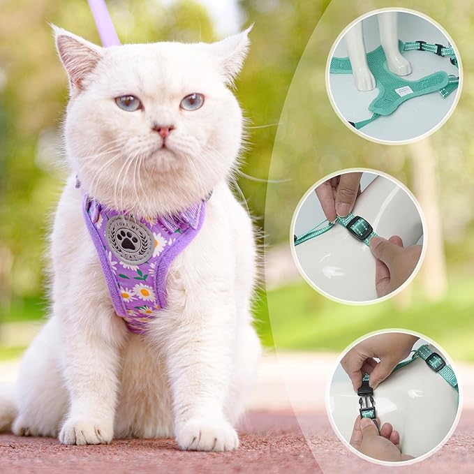 BEAUTYZOO Cat Harness and Leash Set for Walking Escape Proof, Neck Release Adjustable Harness for Kitten Puppy Small Medium Large Cats, Soft Cute Easy Control Small Cat Harness for Cats Boy and Girls
